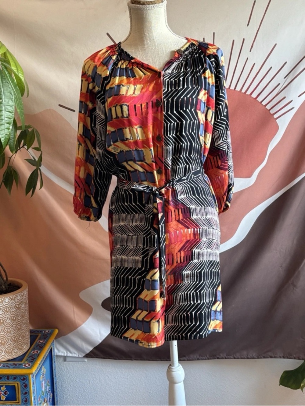 Tucker Button Belted Tie Waist Shirt Dress Multi Colored Silk Size S